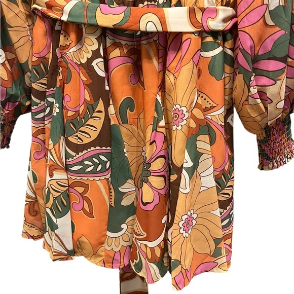 Flying Tomato Resort Orange Green Bishop Sleeve Dress - Picture 4 of 8